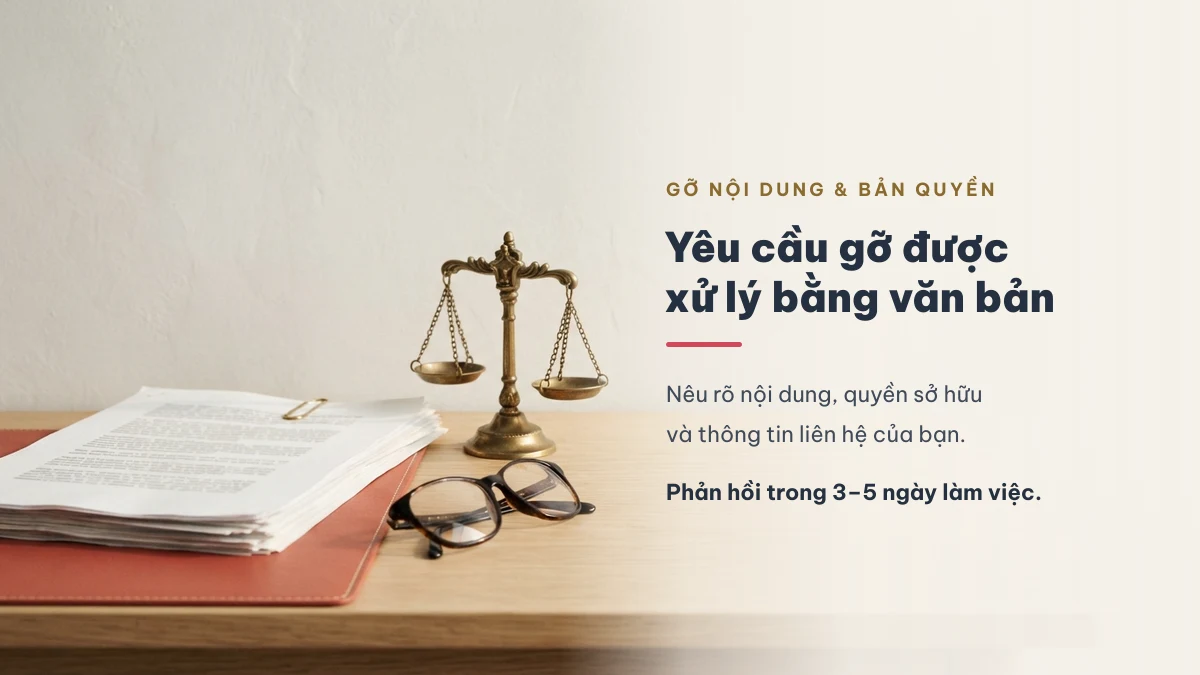 Tập tài liệu, kính và cân công lý minh hoạ quy trình yêu cầu gỡ nội dung và khiếu nại bản quyền tại KiTuDacBiet.VN