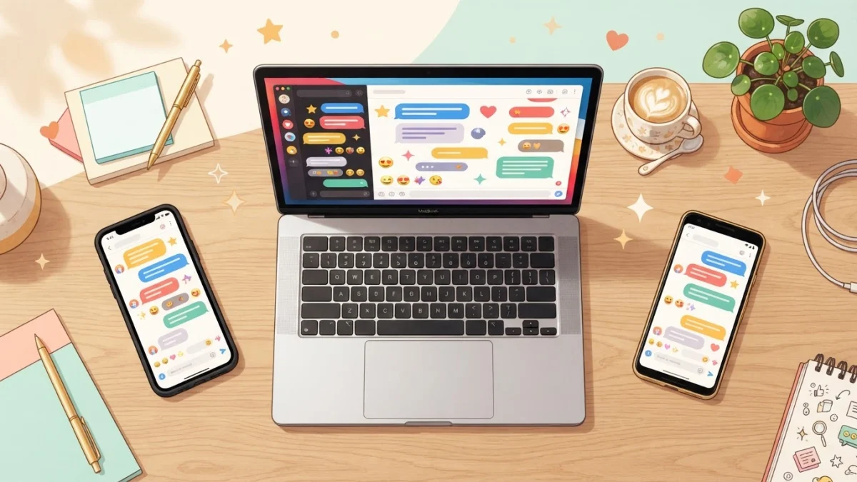 Bàn làm việc với laptop, iPhone và Android hiển thị kí tự đặc biệt và emoji của KiTuDacBiet.VN