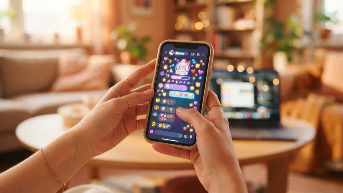 Bàn tay cầm điện thoại hiển thị nickname game với kí tự đặc biệt và emoji trên KiTuDacBiet.VN