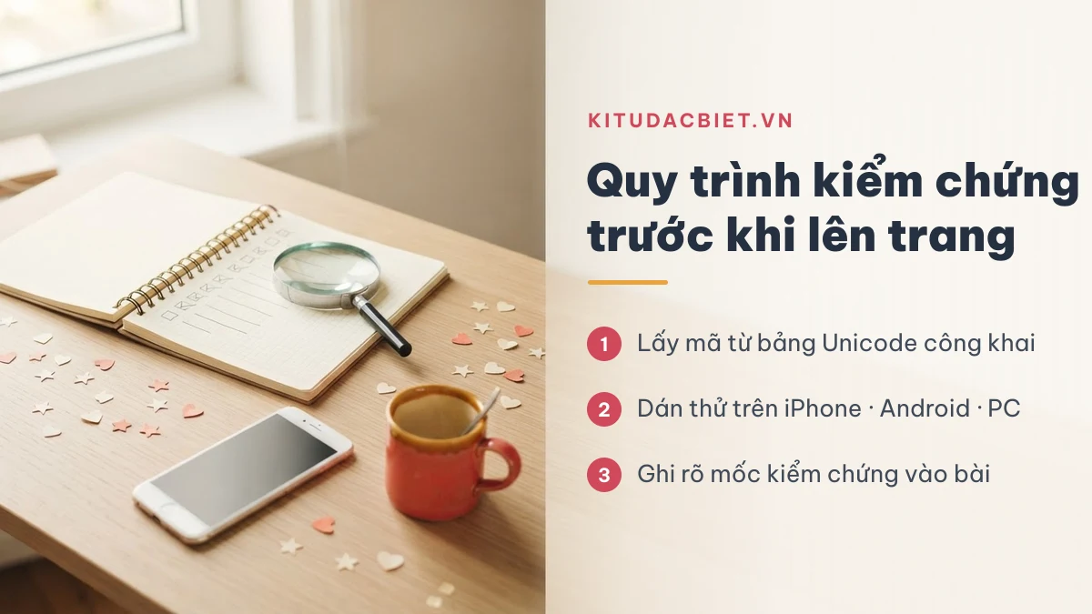 Sổ tay checklist, kính lúp và điện thoại minh hoạ quy trình kiểm chứng kí tự đặc biệt trước khi đăng lên KiTuDacBiet.VN