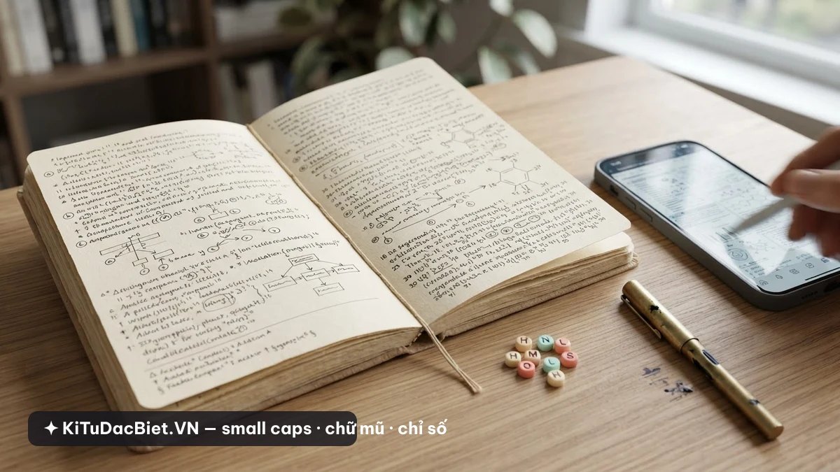 Sổ ghi chú với chữ nhỏ, chỉ số và số mũ kí tự đặc biệt