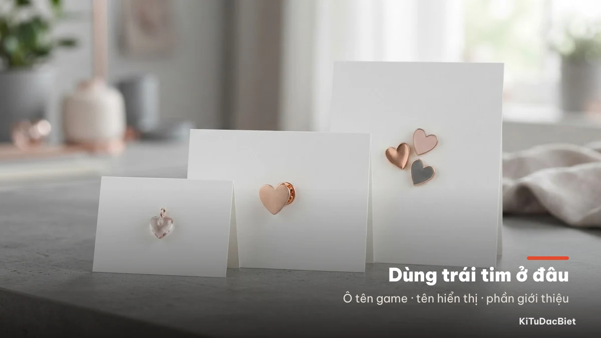 Ba chỗ dùng kí tự trái tim: ô tên game, tên hiển thị và phần giới thiệu hồ sơ
