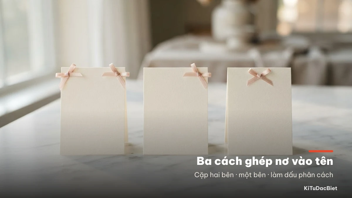 Ba cách ghép nơ vào tên: cặp đối xứng hai bên, một bên, hoặc làm dấu phân cách