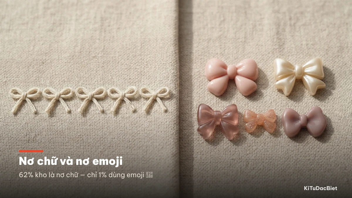 Nơ ghép từ ký tự giữ nguyên hình trên mọi máy, còn emoji nơ thì mỗi hệ điều hành vẽ một kiểu