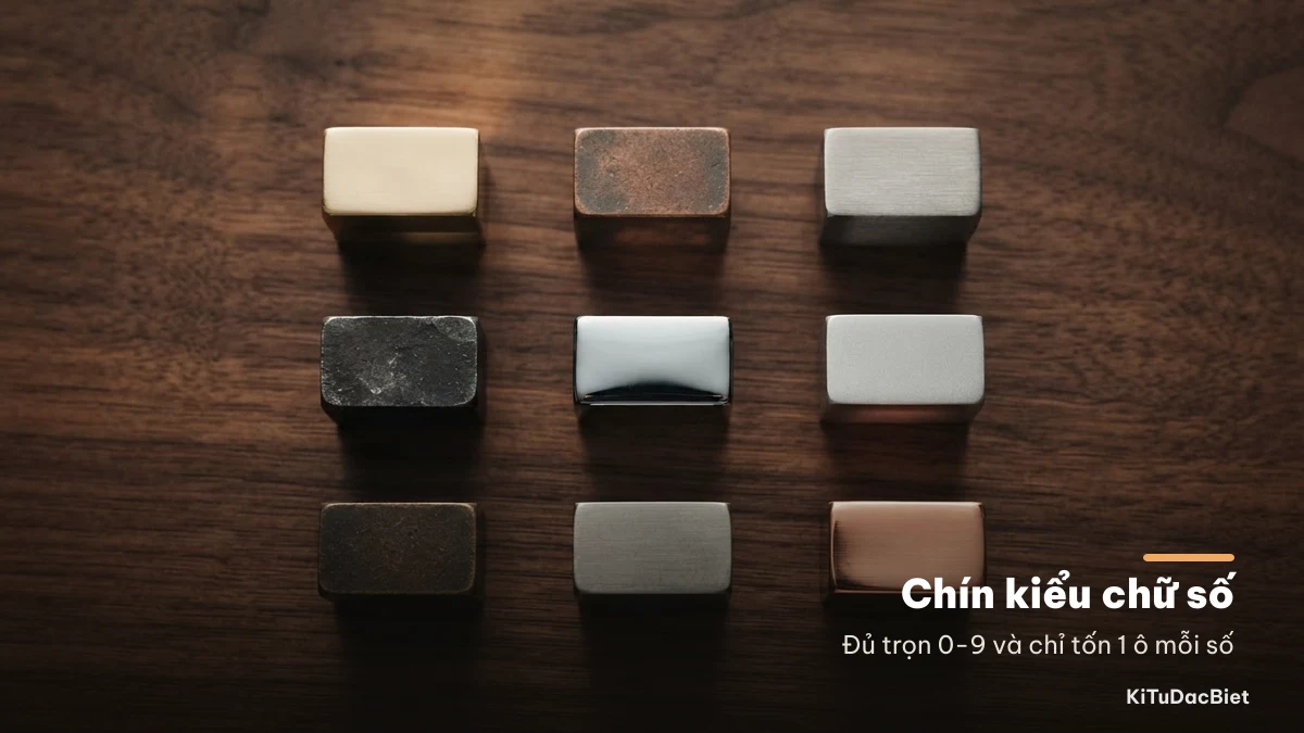 Chín kiểu chữ số trong bảng mã, kiểu nào cũng đủ 0-9 và tốn một ô mỗi số