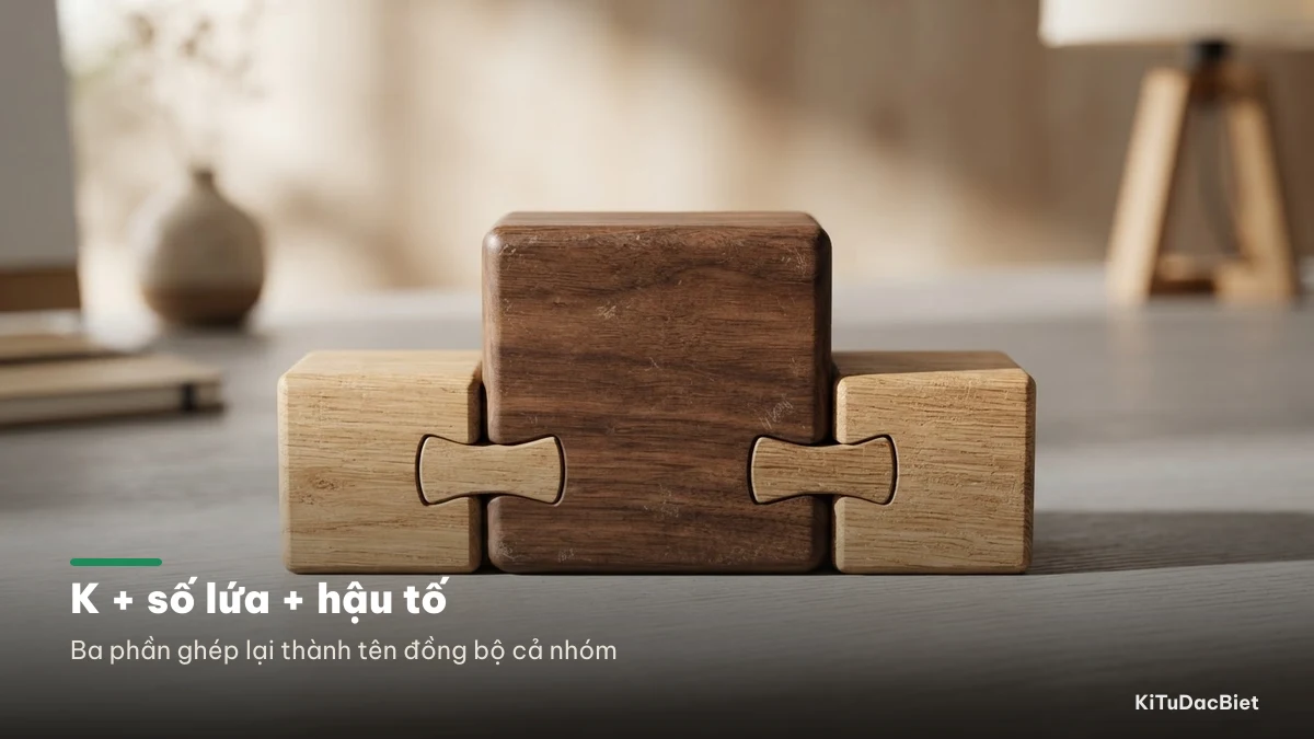 Tên nhóm theo công thức K cộng số lứa cộng hậu tố chung của cả nhóm