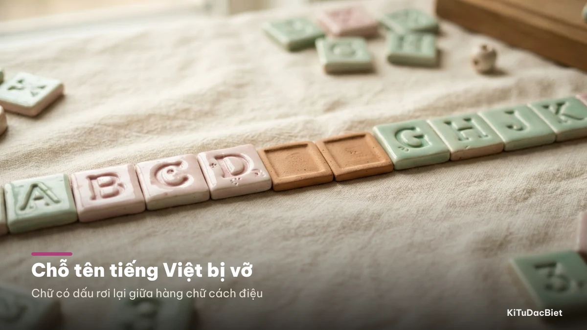Chữ có dấu tiếng Việt rơi lại giữa hàng chữ cách điệu, giống hai ô trống giữa dãy chữ cái