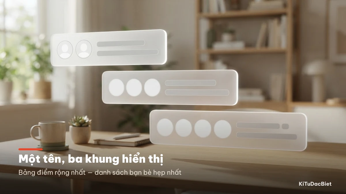 Tên Liên Quân hiển thị ở ba khung rộng hẹp khác nhau: bảng điểm, khung tướng, danh sách bạn bè